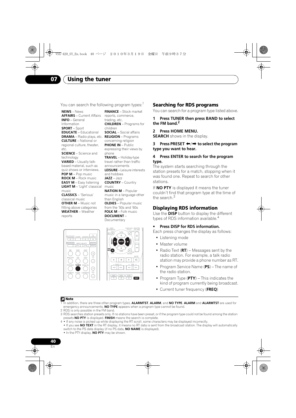 Searching for rds programs, Displaying rds information, Using the tuner 07 | You can search the following program types | Pioneer VSX-420-S User Manual | Page 40 / 136