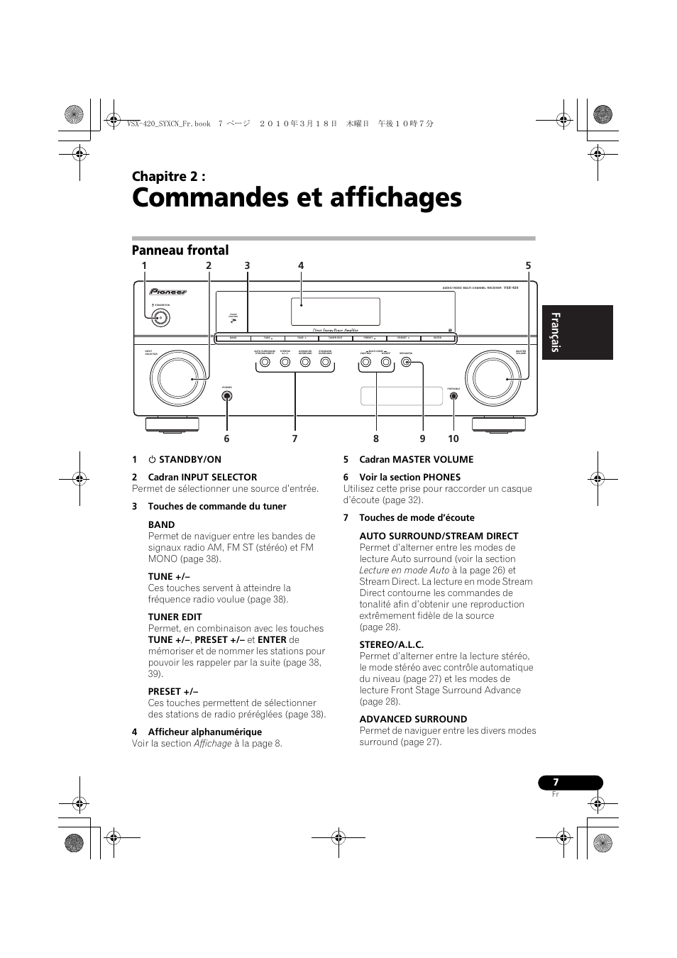 02 commandes et affichages, Panneau frontal, Commandes et affichages | Chapitre 2 | Pioneer VSX-420-S User Manual | Page 51 / 136
