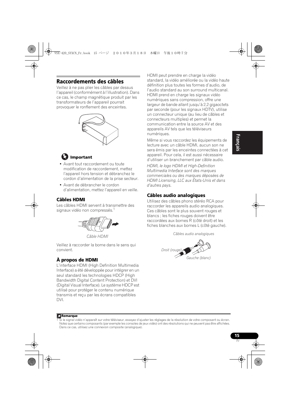 Raccordements des câbles, Câbles hdmi, À propos de hdmi | Câbles audio analogiques | Pioneer VSX-420-S User Manual | Page 59 / 136