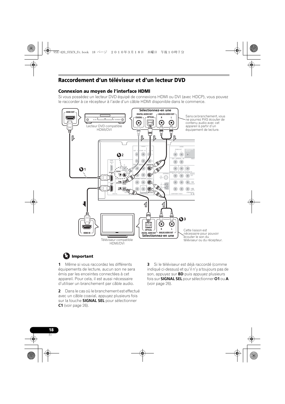 Raccordement d’un téléviseur et d’un lecteur dvd, Connexion au moyen de l’interface hdmi | Pioneer VSX-420-S User Manual | Page 62 / 136
