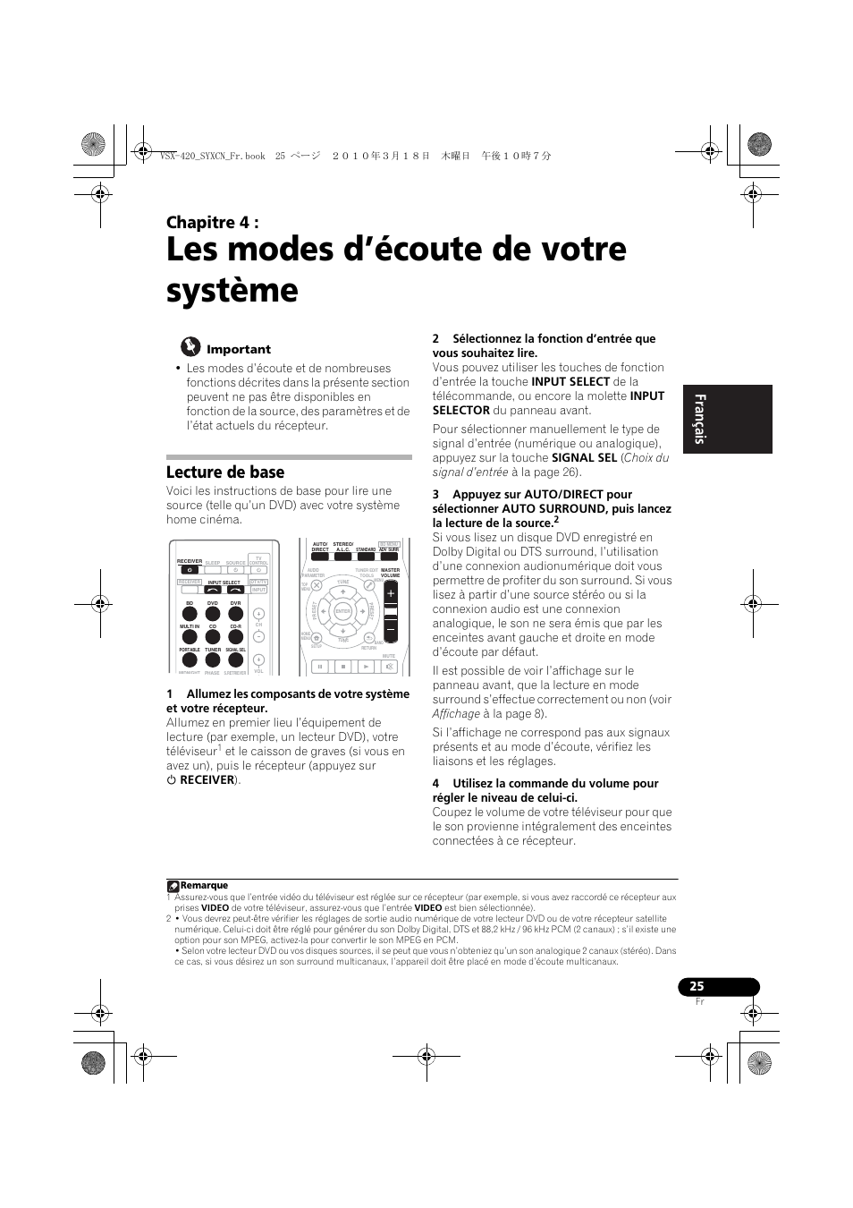 04 les modes d’écoute de votre système, Lecture de base, Les modes d’écoute de votre système | Chapitre 4 | Pioneer VSX-420-S User Manual | Page 69 / 136