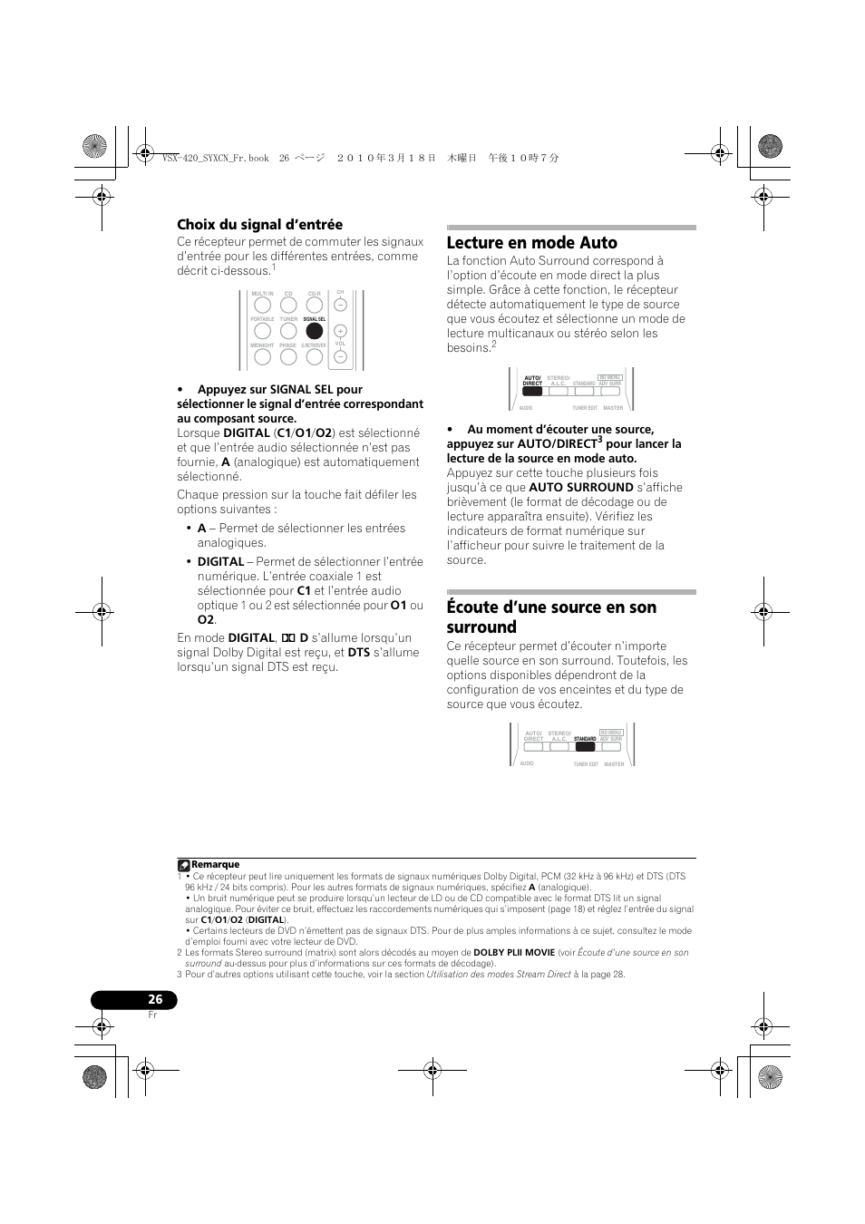 Choix du signal d’entrée, Lecture en mode auto, Écoute d’une source en son surround | Pioneer VSX-420-S User Manual | Page 70 / 136