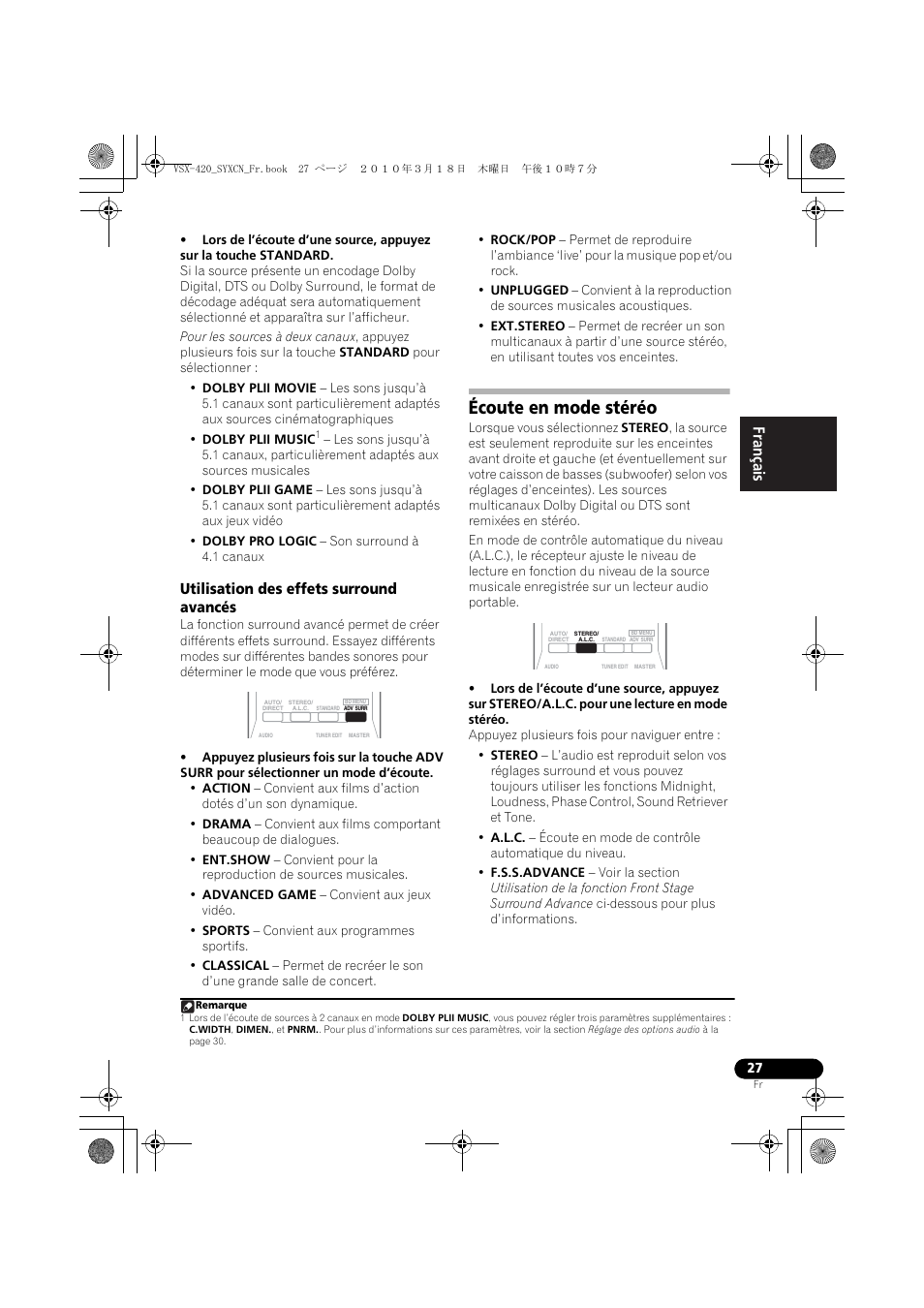 Utilisation des effets surround avancés, Écoute en mode stéréo | Pioneer VSX-420-S User Manual | Page 71 / 136