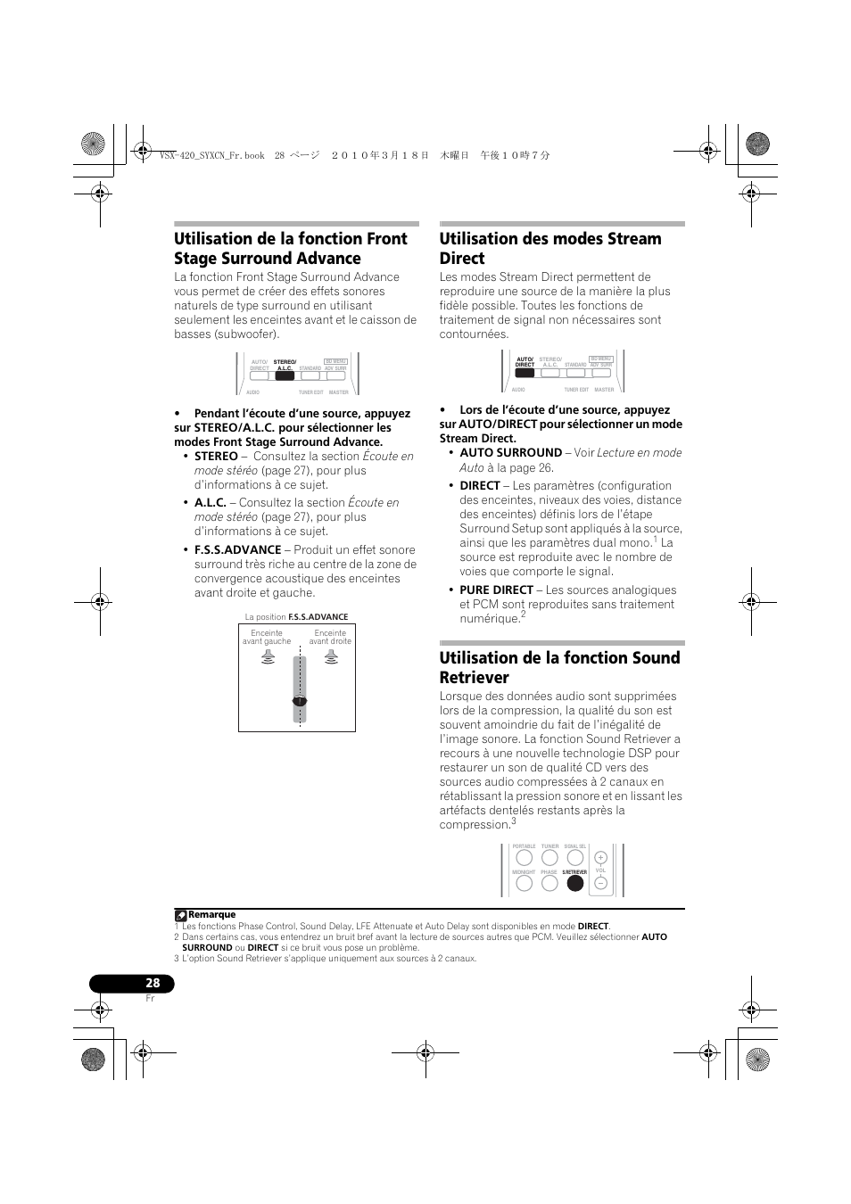 Utilisation des modes stream direct, Utilisation de la fonction sound retriever | Pioneer VSX-420-S User Manual | Page 72 / 136