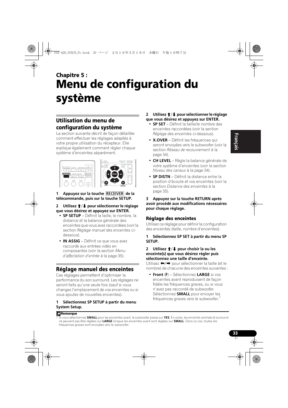 05 menu de configuration du système, Utilisation du menu de configuration du système, Réglage manuel des enceintes | Réglage des enceintes, Menu de configuration du système, Chapitre 5 | Pioneer VSX-420-S User Manual | Page 77 / 136