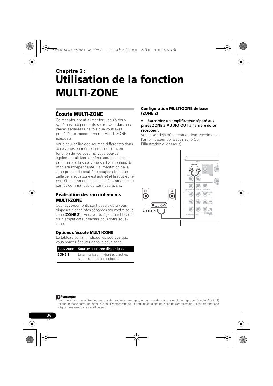 06 utilisation de la fonction multi-zone, Écoute multi-zone, Réalisation des raccordements multi-zone | Utilisation de la fonction multi-zone, Chapitre 6, Options d’écoute multi-zone, Configuration multi-zone de base (zone 2) | Pioneer VSX-420-S User Manual | Page 80 / 136