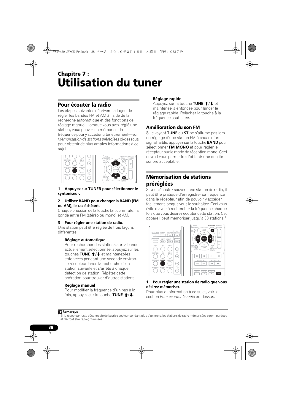 07 utilisation du tuner, Pour écouter la radio, Amélioration du son fm | Mémorisation de stations préréglées, Utilisation du tuner, Chapitre 7 | Pioneer VSX-420-S User Manual | Page 82 / 136