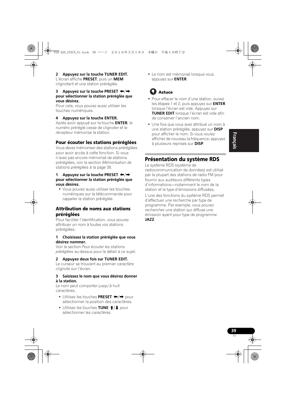 Pour écouter les stations préréglées, Attribution de noms aux stations préréglées, Présentation du système rds | Pioneer VSX-420-S User Manual | Page 83 / 136