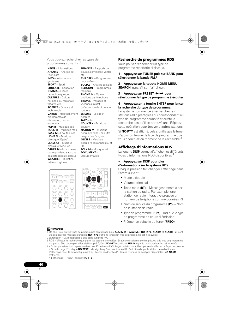 Recherche de programmes rds, Affichage d’informations rds | Pioneer VSX-420-S User Manual | Page 84 / 136
