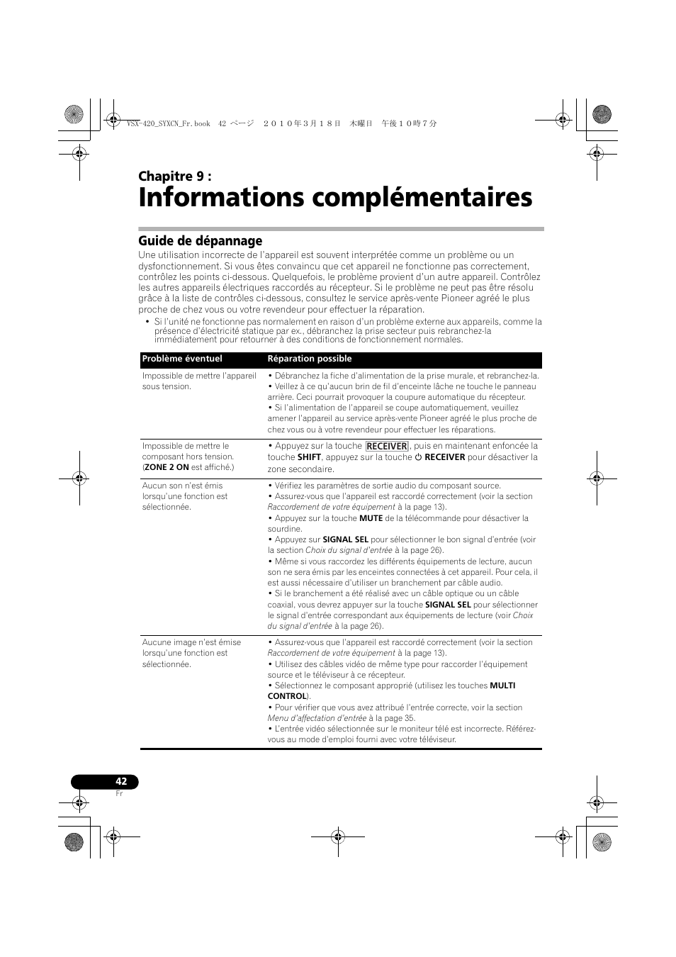 09 informations complémentaires, Guide de dépannage, Informations complémentaires | Chapitre 9 | Pioneer VSX-420-S User Manual | Page 86 / 136