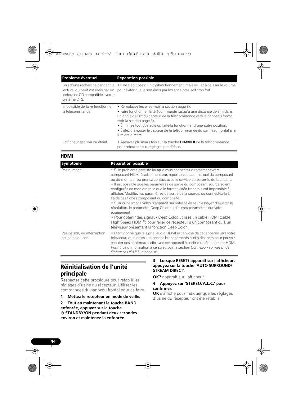 Hdmi, Réinitialisation de l’unité principale | Pioneer VSX-420-S User Manual | Page 88 / 136