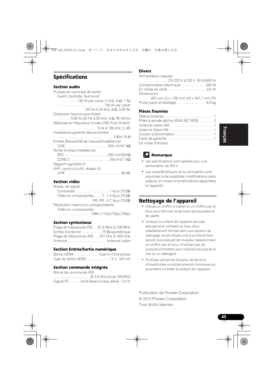 Spécifications, Nettoyage de l’appareil | Pioneer VSX-420-S User Manual | Page 89 / 136