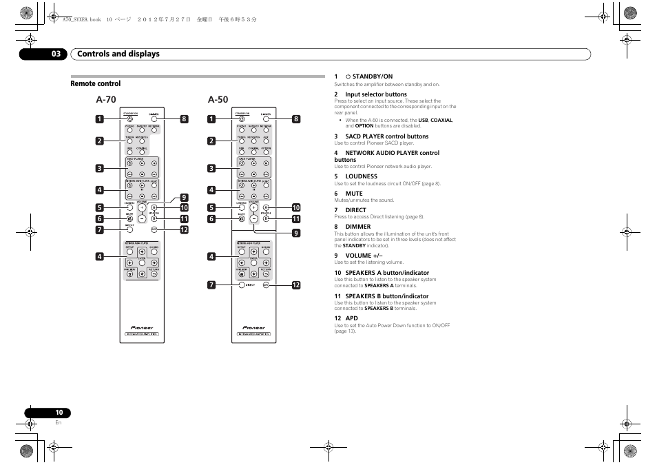 Remote control, A-50, A-70 | Pioneer A-70-K User Manual | Page 10 / 100