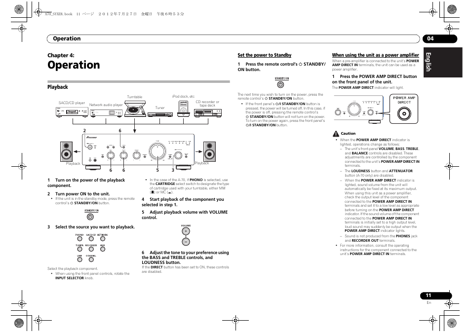 Operation, Playback, Set the power to standby | When using the unit as a power amplifier, 04 operation | Pioneer A-70-K User Manual | Page 11 / 100