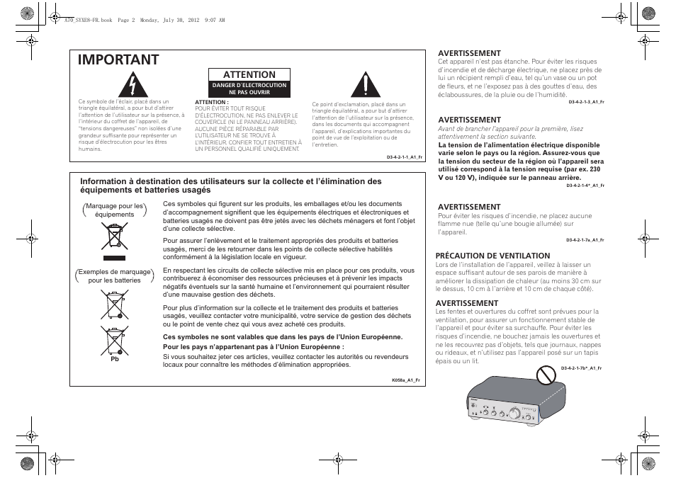 Important, Attention | Pioneer A-70-K User Manual | Page 16 / 100