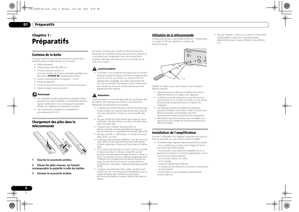 Préparatifs, Contenu de la boîte, Chargement des piles dans la télécommande | Utilisation de la télécommande, Installation de l’amplificateur, 01 préparatifs, Chapitre 1 | Pioneer A-70-K User Manual | Page 18 / 100