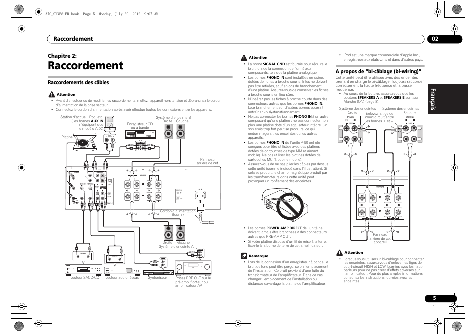 Raccordement, Raccordements des câbles, A propos de “bi-câblage (bi-wiring) | 02 raccordement, Raccordement 02, Chapitre 2 | Pioneer A-70-K User Manual | Page 19 / 100