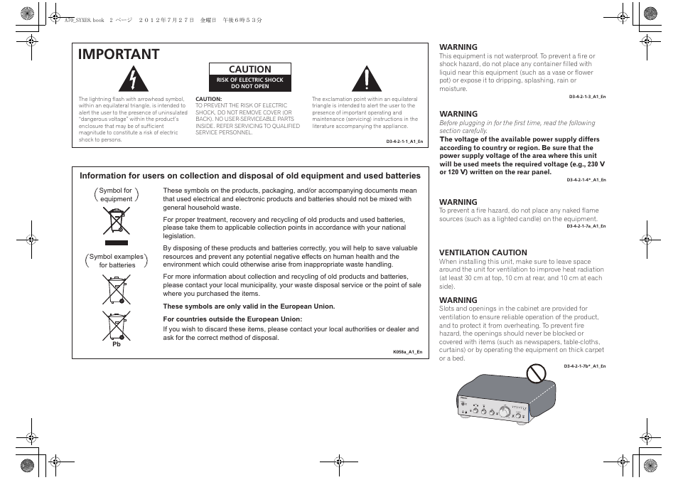 Important, Caution | Pioneer A-70-K User Manual | Page 2 / 100