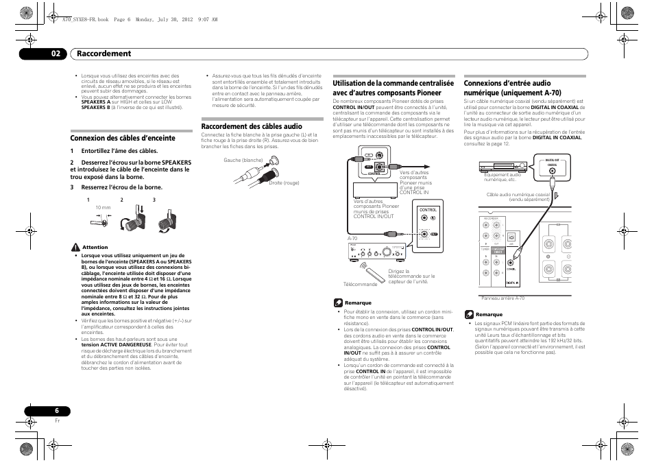 Connexion des câbles d’enceinte, Raccordement des câbles audio, Uniquement a-70) | 02 raccordement | Pioneer A-70-K User Manual | Page 20 / 100