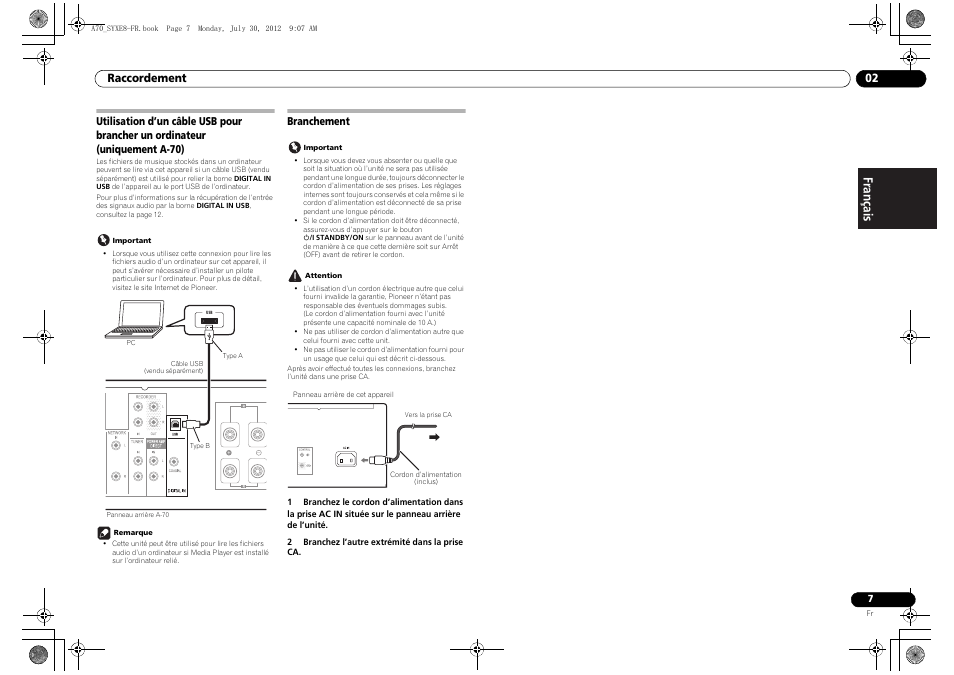 Branchement, Utilisation d’un câble usb pour brancher un, Ordinateur (uniquement a-70) branchement | Pioneer A-70-K User Manual | Page 21 / 100