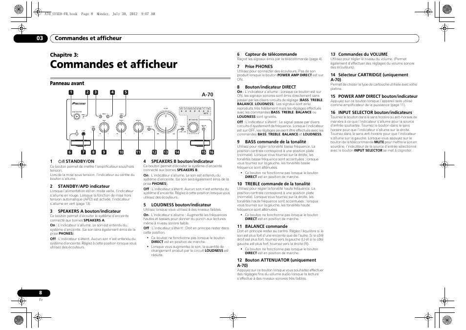 Commandes et afficheur, Panneau avant, 03 commandes et afficheur | Pioneer A-70-K User Manual | Page 22 / 100