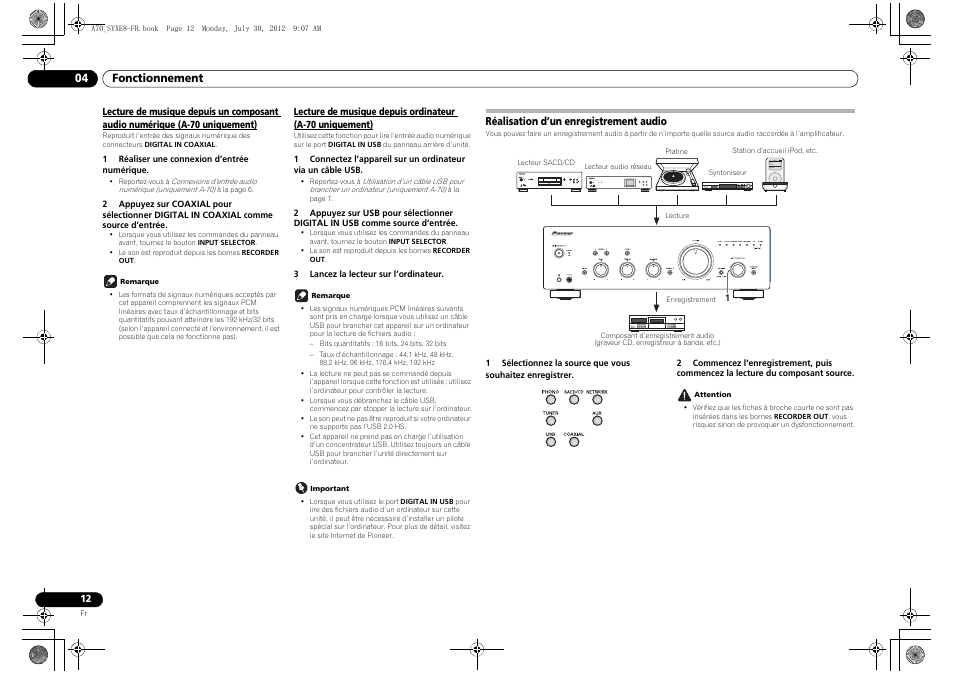 Réalisation d’un enregistrement audio, Lecture de musique depuis un composant audio, Uniquement a-70) | Pioneer A-70-K User Manual | Page 26 / 100