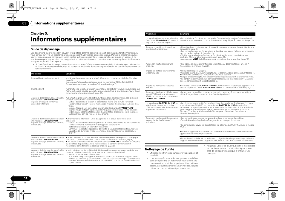 Informations supplémentaires, Guide de dépannage, Nettoyage de l’unité | 05 informations supplémentaires, Guide de dépannage nettoyage de l’unité, Chapitre 5 | Pioneer A-70-K User Manual | Page 28 / 100