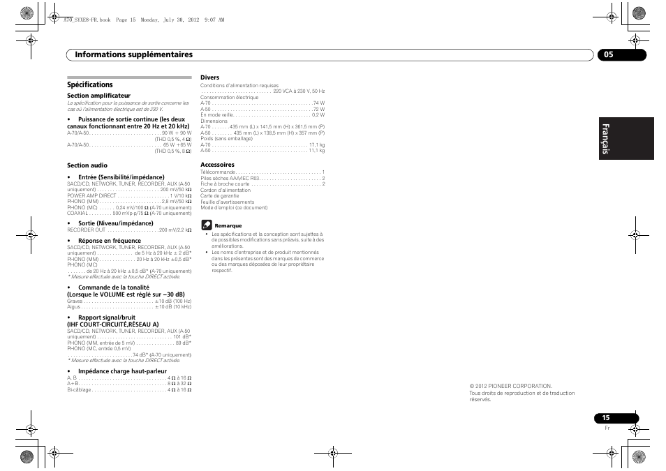 Spécifications | Pioneer A-70-K User Manual | Page 29 / 100