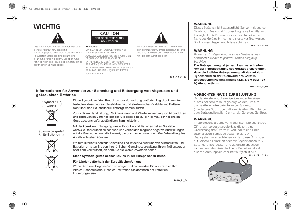 Wichtig, Caution | Pioneer A-70-K User Manual | Page 30 / 100