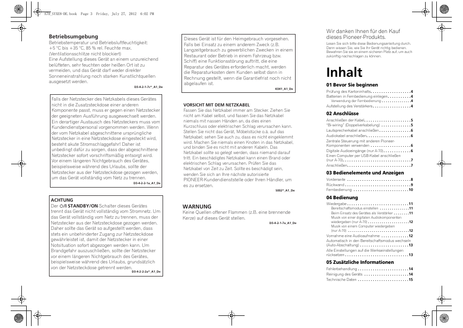 Ungsanleitung, Inhalt | Pioneer A-70-K User Manual | Page 31 / 100