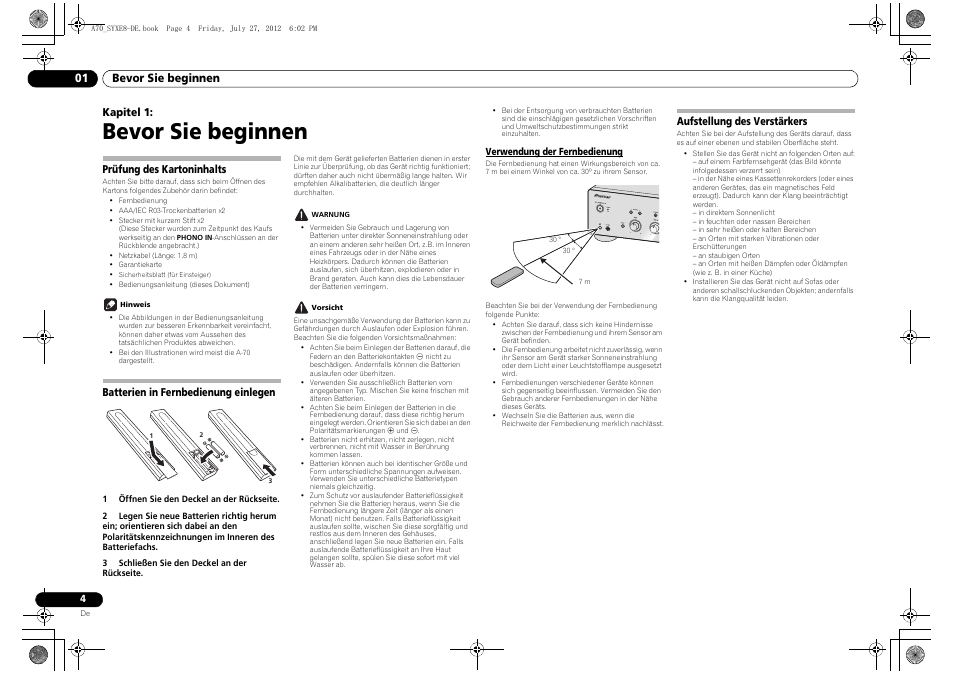 Bevor sie beginnen, Prüfung des kartoninhalts, Batterien in fernbedienung einlegen | Verwendung der fernbedienung, Aufstellung des verstärkers, 01 bevor sie beginnen, Kapitel 1 | Pioneer A-70-K User Manual | Page 32 / 100