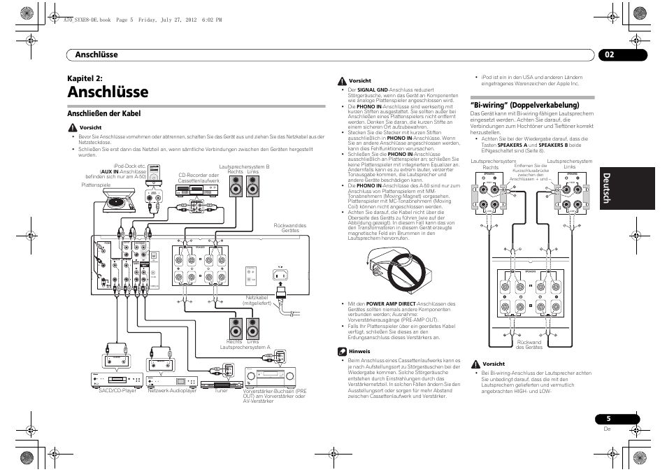 Anschlüsse, Anschließen der kabel, Bi-wiring” (doppelverkabelung) | 02 anschlüsse, Anschlüsse 02, Kapitel 2 | Pioneer A-70-K User Manual | Page 33 / 100