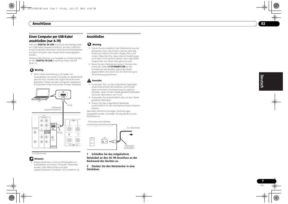 Anschließen, Einen computer per usb-kabel anschließen, Nur a-70) anschließen | Pioneer A-70-K User Manual | Page 35 / 100