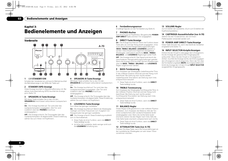 Bedienelemente und anzeigen, Vorderseite, 03 bedienelemente und anzeigen | Pioneer A-70-K User Manual | Page 36 / 100