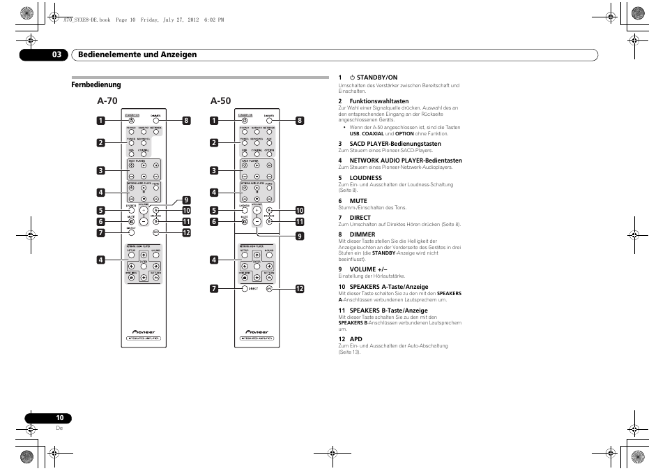 Fernbedienung, A-50, A-70 | Pioneer A-70-K User Manual | Page 38 / 100