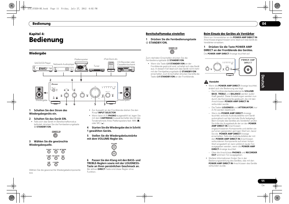 Bedienung, Wiedergabe, Bereitschaftsmodus einstellen | Beim einsatz des gerätes als verstärker, 04 bedienung | Pioneer A-70-K User Manual | Page 39 / 100