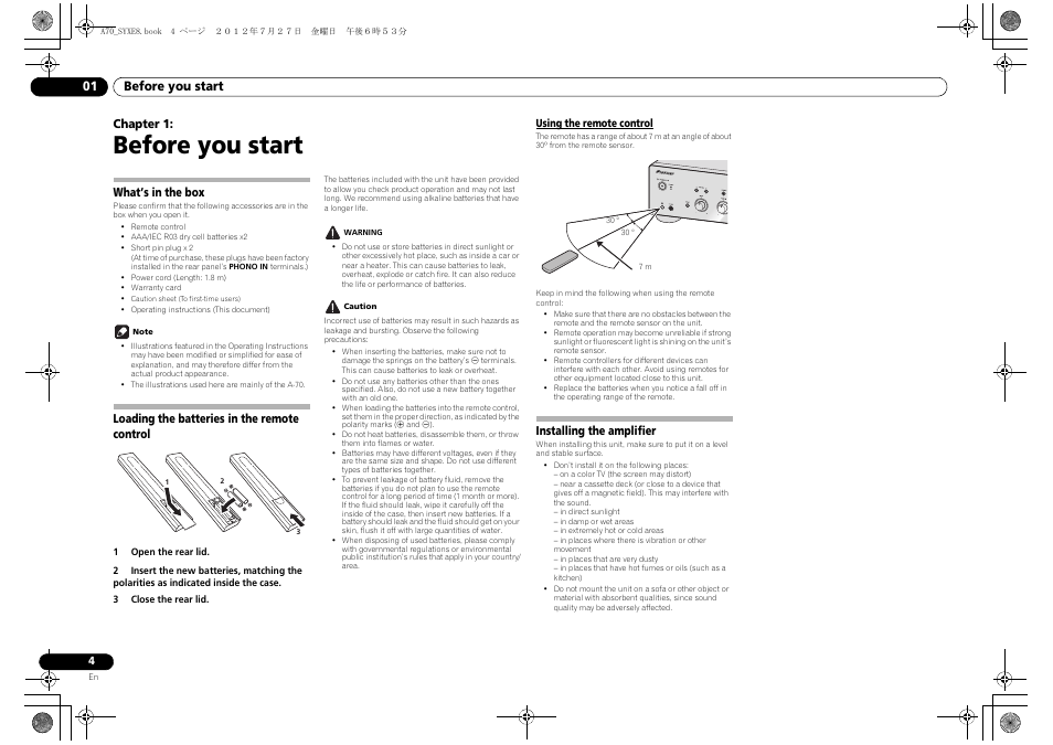 Before you start, What’s in the box, Loading the batteries in the remote control | Using the remote control, Installing the amplifier, 01 before you start, Chapter 1 | Pioneer A-70-K User Manual | Page 4 / 100