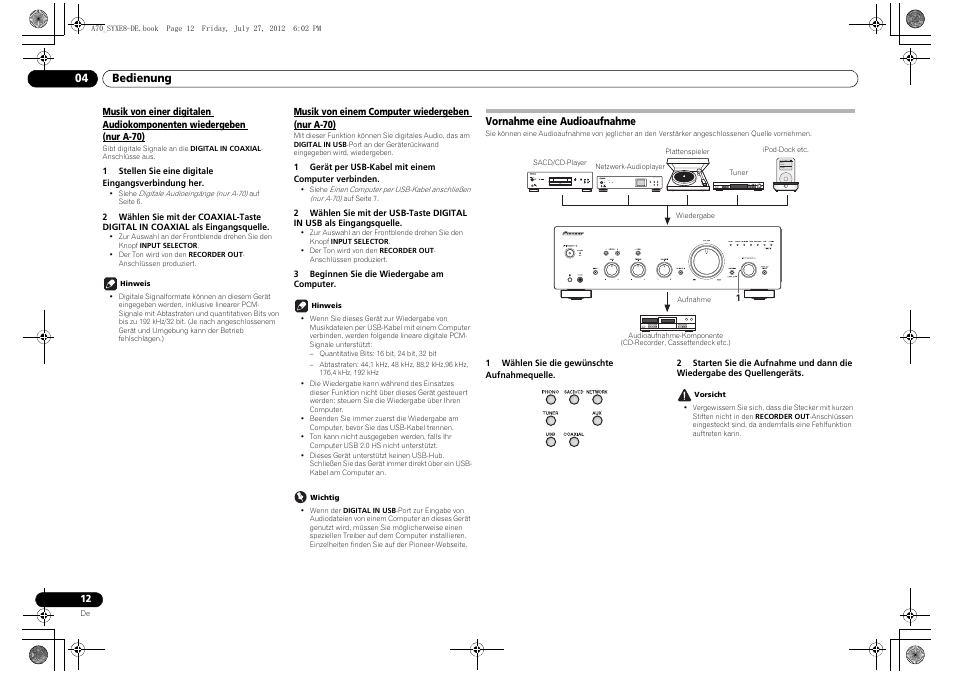 Musik von einem computer wiedergeben (nur a-70), Vornahme eine audioaufnahme, Musik von einer digitalen audiokomponenten | Nur a-70) | Pioneer A-70-K User Manual | Page 40 / 100