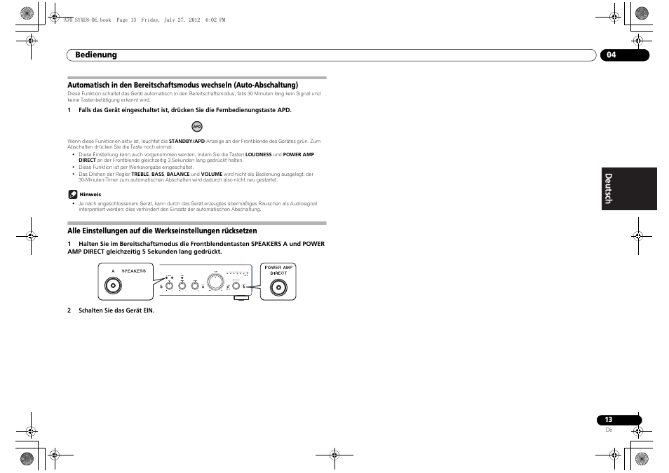 Automatisch in den bereitschaftsmodus wechseln, Rücksetzen | Pioneer A-70-K User Manual | Page 41 / 100