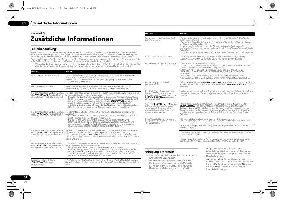 Zusätzliche informationen, Fehlerbehandlung, Reinigung des geräts | 05 zusätzliche informationen, Fehlerbehandlung reinigung des geräts, Kapitel 5 | Pioneer A-70-K User Manual | Page 42 / 100