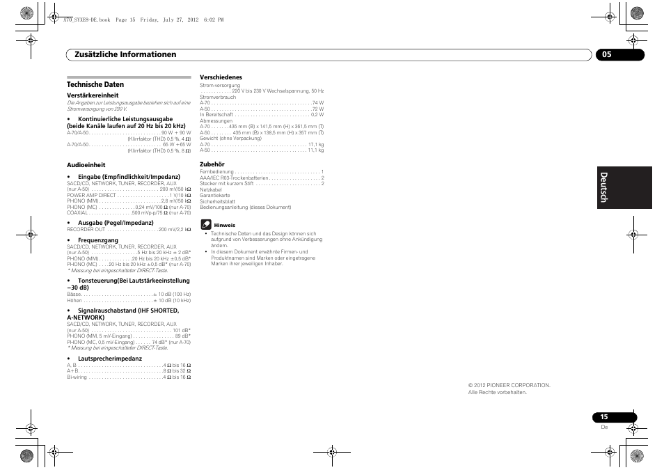 Technische daten | Pioneer A-70-K User Manual | Page 43 / 100