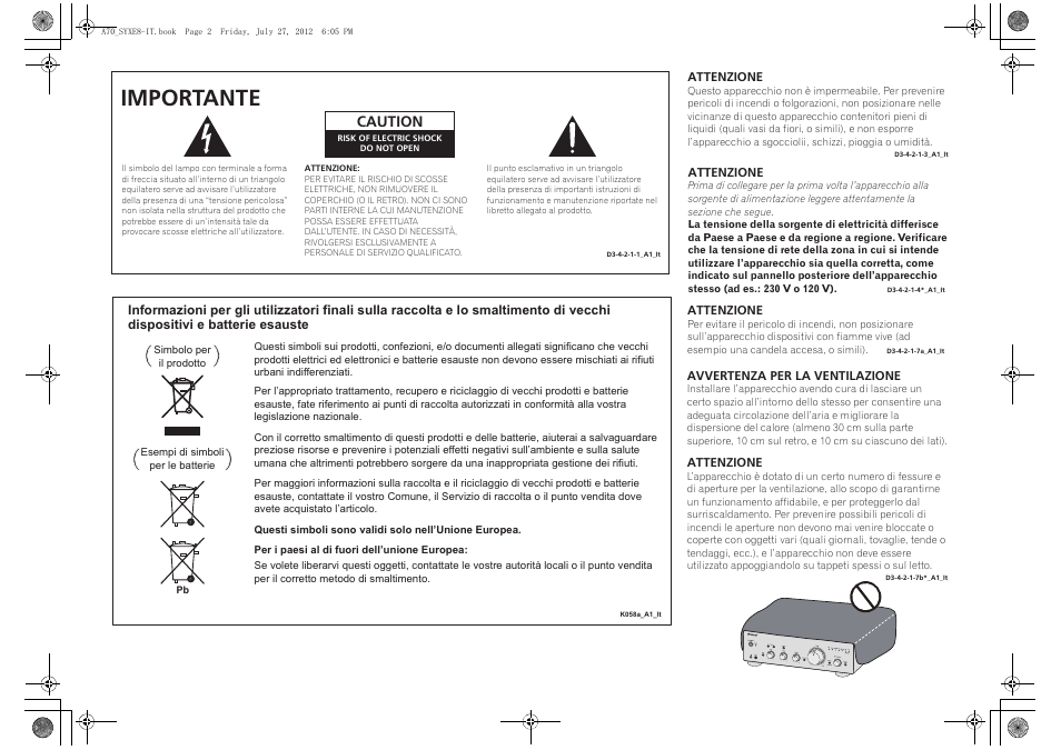 Importante, Caution | Pioneer A-70-K User Manual | Page 44 / 100