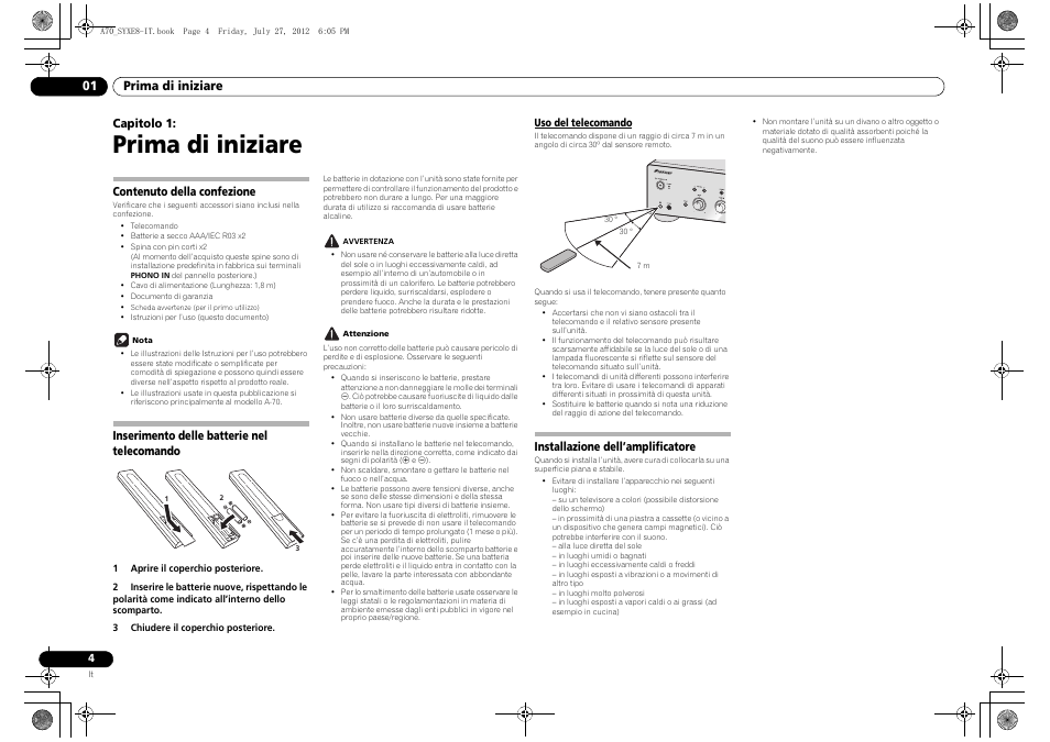 Prima di iniziare, Contenuto della confezione, Inserimento delle batterie nel telecomando | Uso del telecomando, Installazione dell’amplificatore, 01 prima di iniziare, Capitolo 1 | Pioneer A-70-K User Manual | Page 46 / 100