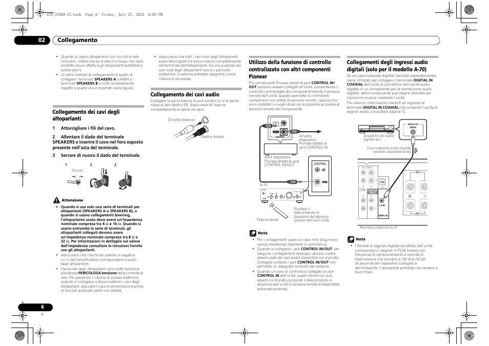 Collegamento dei cavi degli altoparlanti, Collegamento dei cavi audio, Solo per il modello a-70) | 02 collegamento | Pioneer A-70-K User Manual | Page 48 / 100