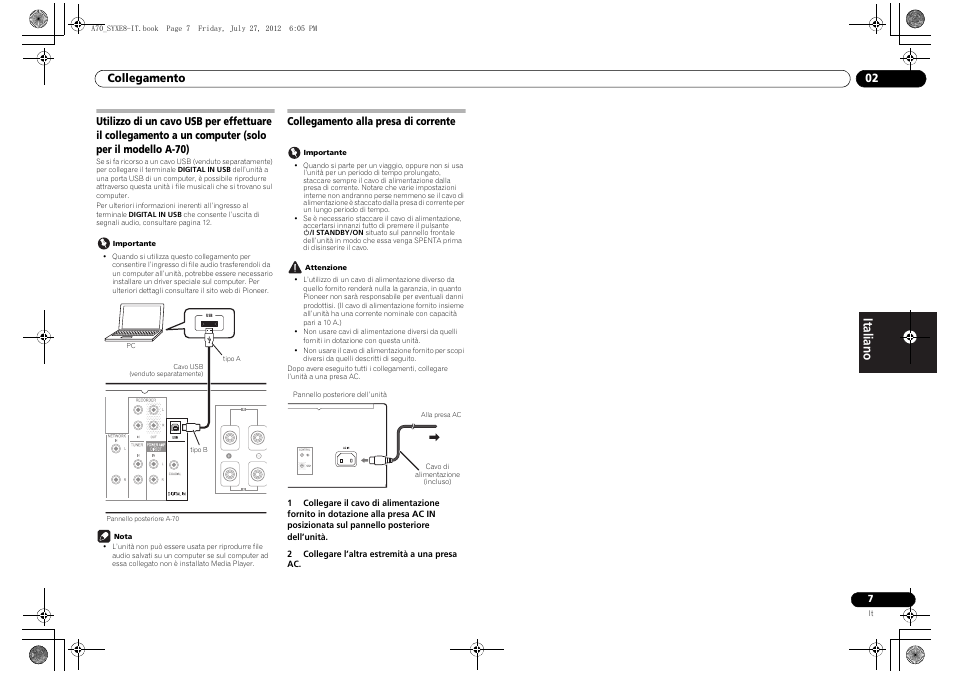 Collegamento alla presa di corrente, Utilizzo di un cavo usb per effettuare il, Collegamento a un computer (solo per il modello | A-70) collegamento alla presa di corrente | Pioneer A-70-K User Manual | Page 49 / 100