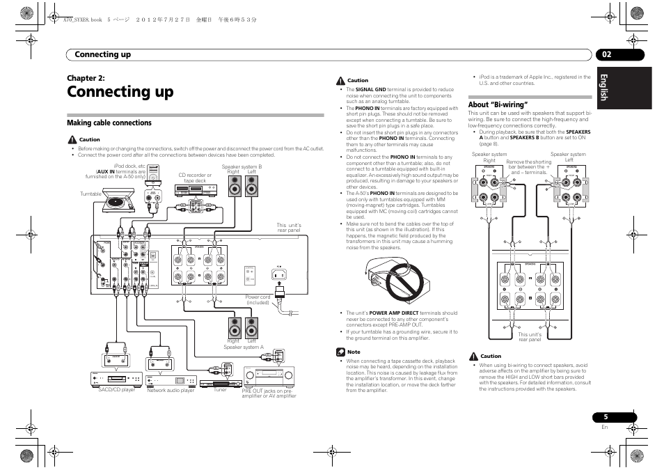 Connecting up, Making cable connections, About “bi-wiring | 02 connecting up, Making cable connections about “bi-wiring, Connecting up 02, Chapter 2 | Pioneer A-70-K User Manual | Page 5 / 100