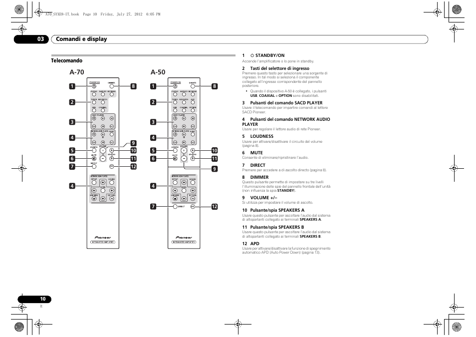 Telecomando, A-50, A-70 | Pioneer A-70-K User Manual | Page 52 / 100