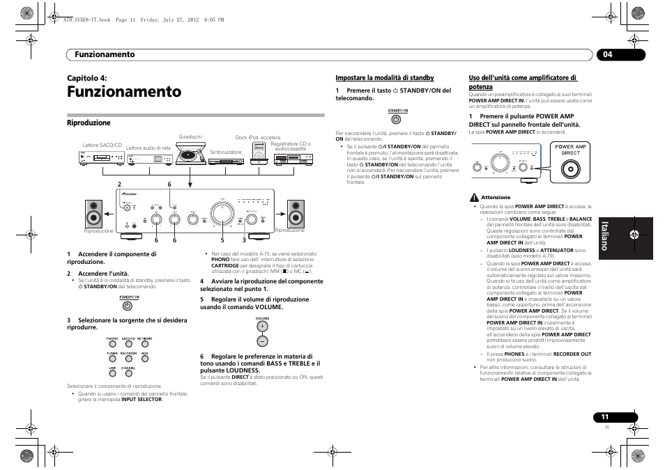 Funzionamento, Riproduzione, Impostare la modalità di standby | Uso dell’unità come amplificatore di potenza, 04 funzionamento | Pioneer A-70-K User Manual | Page 53 / 100