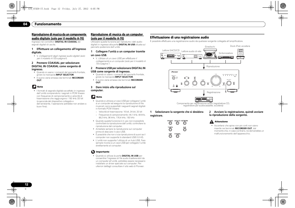 Effettuazione di una registrazione audio, Riproduzione di musica da un componente audio, Solo per il modello a-70) | Pioneer A-70-K User Manual | Page 54 / 100