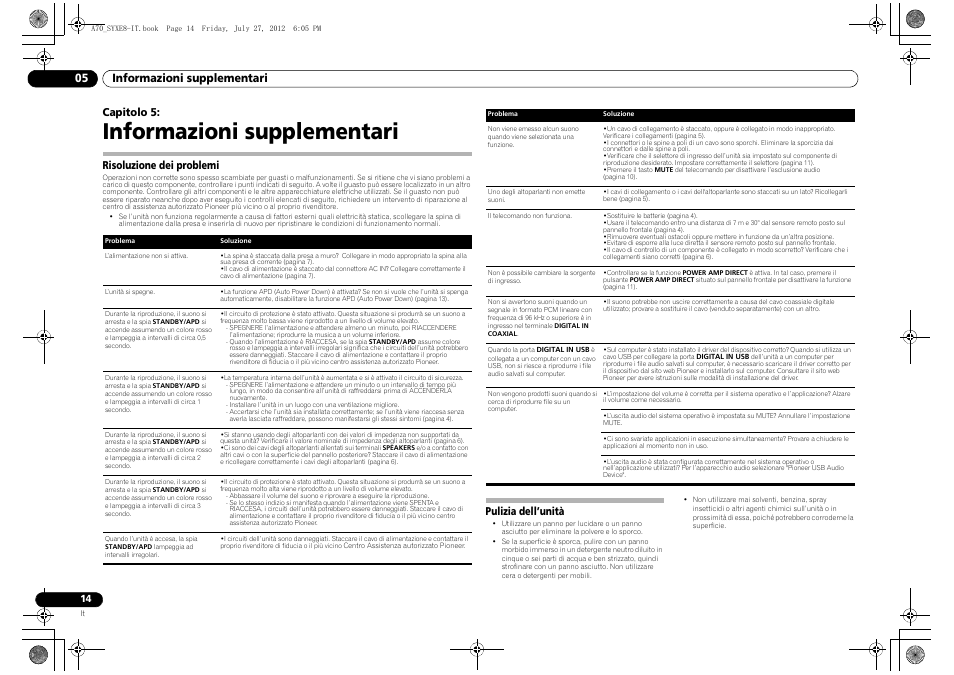 Informazioni supplementari, Risoluzione dei problemi, Pulizia dell’unità | 05 informazioni supplementari, Risoluzione dei problemi pulizia dell’unità, Capitolo 5 | Pioneer A-70-K User Manual | Page 56 / 100